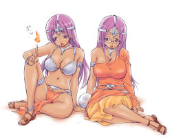Rule 34 | 2girls, abe tsukumo, anklet, armlet, bespectacled, bikini, bikini top only, bracelet, breasts, choker, circlet, cleavage, crystal ball, dark skin, dark-skinned female, dragon quest, dragon quest iv, fire, glasses, jewelry, large breasts, loincloth, long hair, magic, manya (dq4), minea (dq4), multiple girls, open mouth, purple eyes, purple hair, sandals, siblings, sisters, sitting, sweatdrop, swimsuit, thigh strap, twins