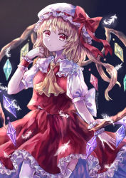 Rule 34 | 1girl, absurdres, arm up, ascot, black background, blonde hair, breasts, commentary, cowboy shot, expressionless, feathers, flandre scarlet, hat, hat ribbon, head tilt, highres, looking at viewer, mob cap, one side up, petticoat, puffy short sleeves, puffy sleeves, red eyes, red skirt, red vest, ribbon, shirt, short hair, short sleeves, simple background, skirt, small breasts, solo, standing, suzushina, thighhighs, touhou, twitter username, vest, white hat, white shirt, white thighhighs, wings, wrist cuffs, yellow ascot