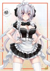 Rule 34 | 1girl, alternate costume, black bow, black bowtie, blush, bow, bowtie, breasts, cleavage, closed mouth, enmaided, frills, hands on own hips, large breasts, long hair, looking at viewer, maid, maid headdress, purple eyes, r-binon, senki zesshou symphogear, shiny skin, simple background, solo, thighhighs, trembling, wavy mouth, white hair, white thighhighs, yukine chris
