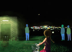 Rule 34 | 1girl, basket, bicycle, braid, brown hair, building, city lights, cityscape, door, facing away, from behind, giba ryan, grass, madotsuki, night, outdoors, pink skirt, pleated skirt, scenery, skirt, twintails, yume nikki
