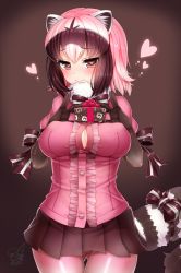 Rule 34 | 10s, 1girl, alternate color, alternate eye color, animal ears, black gloves, blush, bow, bowtie, box, breasts, brown hair, buttons, center frills, cleavage, commentary request, common raccoon (kemono friends), doyouwantto, elbow gloves, fang, fang out, frills, fur collar, gift, gift box, gloves, gluteal fold, heart, heart-shaped pupils, highres, kemono friends, large breasts, looking at viewer, multicolored hair, pantyhose, pink eyes, pink hair, pink pantyhose, pink shirt, pleated skirt, raccoon ears, raccoon tail, ribbon, shirt, short hair, short sleeves, simple background, skirt, solo, symbol-shaped pupils, tail, tail bow, tail ornament, tail ribbon, valentine