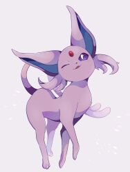 Rule 34 | :3, animal focus, blush, colored sclera, creatures (company), espeon, fang, forehead jewel, forked tail, full body, game freak, gem, gen 2 pokemon, grey background, happy, highres, kechon-san, light blush, looking at viewer, monochrome, nintendo, no humans, one eye closed, open mouth, pokemon, pokemon (creature), purple sclera, red gemstone, simple background, smile, solo, standing, tail, white eyes, wink