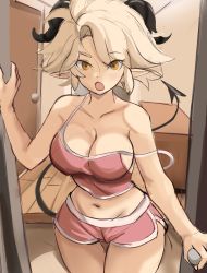 Rule 34 | 1girl, bangs, bare arms, bare shoulders, blonde hair, breasts, cleavage, collarbone, commentary, cowboy shot, demon tail, door, dot nose, english commentary, forehead, goat girl, goat horns, hallway, highres, horns, indoors, large breasts, looking at viewer, navel, off shoulder, open mouth, opening door, original, parted bangs, pink shorts, pointy ears, rakeemspoon, short hair, shorts, solo, susan (rakeemspoon), tail, tank top, thigh gap, thighs, yellow eyes