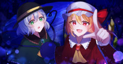 Rule 34 | 2girls, adapted costume, ascot, black headwear, blonde hair, blue background, brooch, eyeball, fang, flandre scarlet, frilled shirt collar, frills, green eyes, grey hair, hair between eyes, hat, hat ribbon, heart, heart of string, jewelry, komeiji koishi, looking at viewer, mob cap, multiple girls, nano popo02, open mouth, pointing, pointing at viewer, red brooch, red eyes, red ribbon, ribbon, short hair, third eye, touhou, upper body, white headwear, yellow ascot, yellow ribbon