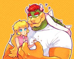 1boy 1girl ? ?? blonde_hair blue_eyes bowser claws confused ear_piercing fangs highres holding horns long_hair looking_down manly mario_(series) mature_female mature_male muscular muscular_male nintendo orange_background piercing pink_shirt princess_peach red_hair reptile_boy shell shirt short_sleeves size_difference sleeveless sparkle spiked_shell turtle_shell white_background white_shirt yowasabimechaoc