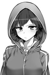 Rule 34 | 1girl, blush, closed mouth, greyscale, honda mio, hood, hood up, idolmaster, idolmaster cinderella girls, jacket, jp06, looking at viewer, monochrome, short hair, simple background, solo, upper body, white background