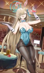 Rule 34 | 1girl, absurdres, animal ears, asuna (blue archive), asuna (bunny) (blue archive), blue archive, blue eyes, blue leotard, breasts, casino, cleavage, detached collar, fake animal ears, gloves, hair over one eye, halo, highres, indoors, leotard, light brown hair, long hair, looking at viewer, mole, mole on breast, pantyhose, playboy bunny, ryoma (rym 369), solo, stool, very long hair, white gloves