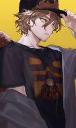 Rule 34 | 1boy, baseball cap, black shirt, blonde hair, boku no hero academia, brown hair, character print, earrings, endeavor (boku no hero academia), english text, facial hair, facial mark, feathered wings, feathers, flame print, from side, goatee, hand on headwear, hat, hawks (boku no hero academia), jacket, jacket partially removed, jewelry, long bangs, looking ahead, male focus, mm39572, parted lips, red feathers, red wings, shirt, short hair, simple background, solo, stubble, stud earrings, t-shirt, upper body, wings, yellow background, yellow eyes