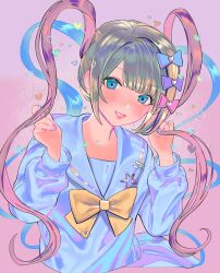 Rule 34 | 1girl, blonde hair, blue bow, blue eyes, blue hair, blue nails, blue shirt, blunt bangs, blush, bow, chouzetsusaikawa tenshi-chan, commentary request, eyeshadow, hair bow, hair ornament, hands up, heart, heart hair ornament, highres, holding, holding hair, holographic clothing, long hair, long sleeves, looking at viewer, makeup, multicolored hair, multicolored nails, needy girl overdose, open mouth, pink bow, pink eyeshadow, pink hair, pink lips, pink nails, purple bow, quad tails, sailor collar, shirt, smile, solo, twintails, ultramyu, very long hair, yellow bow