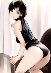 Rule 34 | 1girl, arm support, ass, bare shoulders, black eyes, brown hair, chair, curtains, dytm, halterneck, highres, looking back, short hair, solo