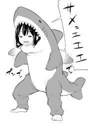 Rule 34 | 1girl, = =, afterimage, airandou, animal costume, barefoot, closed eyes, commentary, full body, greyscale, highres, monochrome, original, shark costume, sharp teeth, solo, teeth, translated, white background