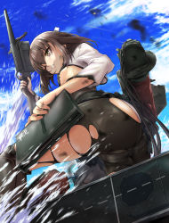 Rule 34 | 10s, 1girl, ass, bike shorts, bow (weapon), breasts, brown eyes, brown hair, brown thighhighs, cameltoe, cloud, crossbow, damaged, day, dirty, dirty face, explosion, fingernails, flight deck, from below, hair between eyes, headgear, highres, ipuu (el-ane koubou), kantai collection, one eye closed, panties, parted lips, remodel (kantai collection), rigging, shirt, short hair, skindentation, sky, small breasts, smoke, smoke trail, solo, splashing, taihou (kancolle), thighhighs, torn clothes, underbust, underwear, weapon, white panties, white shirt