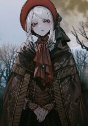 Rule 34 | 1girl, absurdres, albino (a1b1n0623), ascot, bloodborne, bonnet, branch, brown cloak, cloak, closed mouth, doll, doll joints, grey eyes, grey sky, highres, joints, looking back, own hands together, plain doll, red ascot, sky, solo, tree, white hair