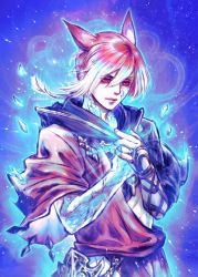 Rule 34 | 1boy, animal ears, arm wrap, black robe, blue outline, braid, braided ponytail, cat ears, commentary, crystal, crystal exarch, crystallization, facial mark, final fantasy, final fantasy xiv, g&#039;raha tia, g'raha tia, glowing, gradient hair, hair between eyes, hands on own chest, hands up, highres, hood, hood down, hooded robe, leki ixion, looking down, low ponytail, male focus, material growth, miqo&#039;te, multicolored hair, outline, own hands together, purple background, red eyes, red hair, robe, serious, shards, short hair, signature, single braid, slit pupils, solo, standing, toga, twitter username, two-tone hair, upper body, white hair
