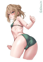 1girl arched_back ass bare_arms bare_shoulders bikini blush breasts brown_eyes brown_hair commentary_request double_bun ebifurya from_behind green_bikini hair_between_eyes hair_bun hair_intakes hand_up highres kantai_collection looking_at_viewer looking_back michishio_(kancolle) one-hour_drawing_challenge parted_lips simple_background small_breasts solo sweat swimsuit taut_bikini twintails twitter_username underboob white_background