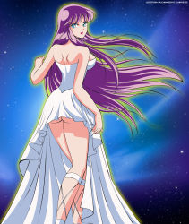 Rule 34 | 1girl, absurdres, ass, athena, bare shoulders, blue eyes, breasts, dress, highres, kido saori, large breasts, legs, long hair, long image, looking at viewer, looking back, no bra, no panties, purple hair, saint seiya, smile, solo, space, thighs, third-party edit, vector trace, very long hair