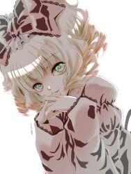 Rule 34 | 1girl, blonde hair, bow, dress, drill hair, green eyes, hair bow, highres, hinaichigo, interlocked fingers, kiru (m putorius), long sleeves, looking at viewer, own hands together, pink bow, pink dress, rozen maiden, short hair, simple background, smile, solo, upper body, white background