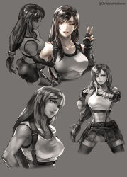 1girl abs ass bike_shorts black_gloves black_hair breasts clenched_hands commentary crop_top earrings elbow_gloves final_fantasy final_fantasy_vii final_fantasy_vii_remake fingerless_gloves gloves hand_on_own_hip head_tilt highres jewelry kim_yura_(goddess_mechanic) large_breasts midriff miniskirt navel one_eye_closed open_mouth partially_colored pleated_skirt red_eyes short_shorts shorts skirt smile suspenders tank_top thighhighs tifa_lockhart v white_tank_top zettai_ryouiki