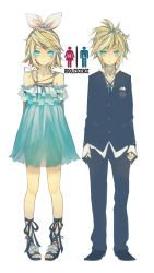 Rule 34 | 1boy, 1girl, adolescence (vocaloid), aqua dress, aqua eyes, arms behind back, bare shoulders, black footwear, black jacket, black neckwear, black pants, blonde hair, brother and sister, buttons, closed mouth, dress, full body, hair ornament, hairband, hairclip, highres, jacket, kagamine len, kagamine rin, legs apart, long sleeves, looking at viewer, necktie, pants, pigeon-toed, see-through, shoes, short hair, siblings, simple background, standing, ukai saki, vocaloid, white background, white hairband