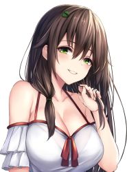 Rule 34 | 1girl, bare shoulders, blush, breasts, brown hair, cleavage, collarbone, dress, green eyes, grin, hair between eyes, hair ornament, hair tie, hairclip, halterneck, hand in own hair, hand up, head tilt, highres, large breasts, long hair, looking at viewer, original, parted lips, sidelocks, simple background, sleeveless, sleeveless dress, smile, solo, upper body, very long hair, white background, white dress, ym (distance819)