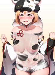 Rule 34 | 1girl, animal ears, animal print, blonde hair, blush, breasts, brown eyes, catura (granblue fantasy), catura (granblue fantasy) (cosplay), cosplay, covered erect nipples, cow hat, cow print, dantes ward, detached collar, detached sleeves, djeeta (granblue fantasy), ear piercing, granblue fantasy, hat, highres, inverted nipples, large breasts, looking at viewer, nipples, open mouth, piercing, see-through, short hair, solo, swept bangs, wide sleeves