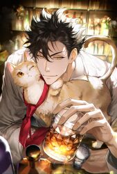 Rule 34 | 1boy, ajrtkf44, alcohol, animal, bar (place), black hair, cat, commentary request, cup, glass bottle, haikyuu!!, highres, holding, holding cup, korean commentary, kuroo tetsurou, looking at viewer, male focus, necktie, red tie, shirt, short hair, solo, veins, veiny hands, watch, white shirt, wristwatch