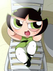 Rule 34 | 1girl, bare arms, bare shoulders, black hair, buttercup (ppg), dress, flat chest, green dress, green eyes, green footwear, green hair, highres, looking away, lying, on back, open mouth, plar0846, powerpuff girls, shoes, solo, thighs, white legwear