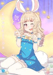 Rule 34 | 1girl, absurdres, animal ears, arms up, bad id, bad pixiv id, bare shoulders, blonde hair, blue dress, crescent moon, curly hair, dress, elin, highres, knees together feet apart, lamb (tibberz), long hair, moon, one eye closed, paw pose, rabbit ears, rabbit tail, red eyes, short dress, sitting, solo, strapless, strapless dress, tail, tera online, thighhighs, white thighhighs