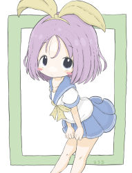Rule 34 | 1girl, blue sailor collar, blue skirt, blush stickers, bow, closed mouth, commentary request, green background, hair ribbon, hairband, highres, hiiragi tsukasa, leaning forward, looking at viewer, lucky star, parted bangs, pleated skirt, purple eyes, purple hair, ribbon, rururu (pyrk8855), sailor collar, school uniform, serafuku, shirt, skirt, smile, solo, standing, two-tone background, white background, white shirt, yellow bow, yellow hairband, yellow ribbon