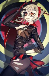 Rule 34 | 1girl, absurdres, ambience synesthesia, arknights, asymmetrical gloves, demon girl, demon horns, demon tail, gloves, highres, horns, jacket, leather, leather jacket, mask, official alternate costume, pantyhose, phantom thief, plugsuit, rau ma (the rauma001), signature, skirt, solo, tail, torn clothes, torn pantyhose, w (arknights), w (wanted) (arknights)