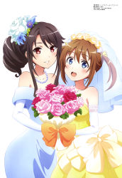 Rule 34 | 2girls, :d, absurdres, bare shoulders, blue dress, blue eyes, blush, bouquet, bridal veil, brown hair, dress, elbow gloves, female focus, flower, gloves, hair flower, hair ornament, hair ribbon, high school fleet, highres, holding, holding bouquet, jewelry, kimiya ryousuke, megami magazine, misaki akeno, multiple girls, munetani mashiro, necklace, official art, open mouth, parted lips, pearl necklace, red eyes, ribbon, simple background, smile, standing, twintails, veil, wedding dress, white background, white gloves, wife and wife, yellow dress, yuri