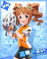 Rule 34 | 10s, 1girl, :d, bicycle helmet, bike jersey, bike shorts, blue background, brown hair, character name, female focus, fingerless gloves, gloves, green eyes, helmet, idolmaster, idolmaster (classic), idolmaster million live!, jpeg artifacts, kawakami tetsuya, looking at viewer, official art, open mouth, smile, solo, takatsuki yayoi, twintails