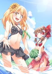 Rule 34 | 2girls, :d, bare arms, bare shoulders, bikini, bikini skirt, black bikini, black skirt, blonde hair, blue sky, blush, bow, braid, breasts, brown hair, cloud, commentary request, cowboy shot, day, floral print, flower, food, frilled bow, frills, front-tie bikini top, front-tie top, fruit, green ribbon, hair bow, hair flower, hair ornament, hair ribbon, hair tubes, hakurei reimu, hibiscus, holding, holding food, holding fruit, ina (inadahime), kirisame marisa, lens flare, long hair, looking at viewer, miniskirt, multiple girls, navel, no headwear, open mouth, outdoors, pleated skirt, polka dot, polka dot bikini, ponytail, red bikini, red bow, red eyes, red flower, ribbon, sarong, short hair, sidelocks, single braid, skirt, sky, small breasts, smile, standing, stomach, sunflower, swimsuit, thighs, touhou, wading, water, water drop, watermelon, wrist cuffs, yellow eyes