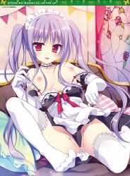 Rule 34 | 1girl, absurdres, breasts, couch, feet, gloves, highres, indoors, long hair, looking at viewer, maid headdress, matsumiya kiseri, nipples, no panties, no shoes, open mouth, purple hair, red eyes, solo, thighhighs, twintails, white thighhighs