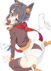 Rule 34 | 1girl, animal ears, arm support, ass, black hair, blue eyes, candy, chocolate, chocolate heart, eating, food, heart, heart-shaped pupils, kiki (koba), koba, original, scarf, short hair, short shorts, shorts, sitting, solo focus, symbol-shaped pupils, thighhighs, valentine, wariza