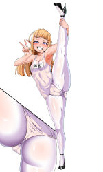 Rule 34 | 1girl, :d, armpits, ass, bad id, bad pixiv id, bare shoulders, black footwear, blonde hair, blue eyes, breasts, brown pantyhose, cameltoe, cleavage, cleft of venus, collarbone, covered navel, elf, era (erasion), fangs, fat mons, fingernails, grin, hand on ankle, hands up, heart, heart-shaped pupils, heroes of incredible tales, high heels, highres, kiki (heroes of incredible tales), leg lift, leg up, long hair, looking at viewer, name tag, old school swimsuit, one-piece swimsuit, open mouth, original, pantyhose, pantyhose under swimsuit, pointy ears, school swimsuit, shoes, simple background, skin tight, sleeveless, small breasts, smile, solo, split, spread legs, standing, standing on one leg, standing split, swimsuit, symbol-shaped pupils, teeth, thighband pantyhose, thong, v, white background, white one-piece swimsuit, white pantyhose