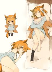 Rule 34 | 1girl, :o, animal ears, arm guards, asymmetrical clothes, bare legs, bare shoulders, barefoot, bed, bed sheet, black footwear, black legwear, blush, boots, breasts, brown jacket, chibi, circlet, cleavage, collarbone, copyright request, diadem, fox ears, full body, hand on forehead, hand up, jacket, knee boots, knee up, long hair, long sleeves, looking at viewer, lpip, lying, medium breasts, multiple views, no pants, off-shoulder, off-shoulder sweater, off shoulder, on back, on bed, open clothes, open jacket, orange hair, parted lips, pillow, red eyes, scarf, short sleeves, single sock, sleeves past wrists, socks, standing, strapless, sweater, thighs, toeless legwear, toes, tube top, very long hair, white scarf