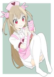 Rule 34 | 1girl, apron, bad id, bad twitter id, bandaged arm, bandages, blush, cellphone, closed mouth, collared dress, donguri suzume, dress, fingernails, green background, hair ornament, hat, heart, highres, holding, holding phone, light brown hair, long hair, nail polish, natori sana, nurse cap, phone, pink apron, pink hat, pink nails, puffy short sleeves, puffy sleeves, rabbit hair ornament, red eyes, sana channel, short sleeves, simple background, smile, solo, thighhighs, two side up, virtual youtuber, white dress, white thighhighs, wing collar