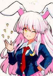 Rule 34 | 1girl, :d, animal ears, bad id, bad pixiv id, blue jacket, blue sleeves, breasts, collar, crescent, hair between eyes, hand on own hip, hand up, jacket, long hair, long sleeves, looking at viewer, medium breasts, multicolored eyes, necktie, one eye closed, open mouth, pink hair, pink skirt, qqqrinkappp, rabbit ears, rabbit tail, red eyes, red necktie, reisen udongein inaba, shirt, simple background, skirt, smile, solo, tail, touhou, traditional media, white background, white collar, white shirt, yellow eyes
