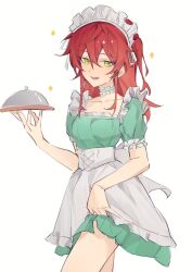 Rule 34 | 1girl, apron, bocchi the rock!, breasts, clothes lift, collarbone, dress, green dress, green eyes, highres, holding, holding tray, kita ikuyo, long hair, looking at viewer, maid headdress, red hair, shiba257, short sleeves, simple background, skirt, skirt lift, small breasts, solo, sparkle, tray, white apron, white background