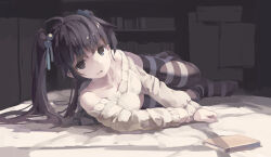 Rule 34 | 1girl, bare shoulders, black eyes, black hair, book, commentary, hair bobbles, hair ornament, huanxiang huifeng, indoors, looking at viewer, lying, on bed, on side, original, photoshop (medium), revision, solo, striped clothes, striped thighhighs, thighhighs, twintails