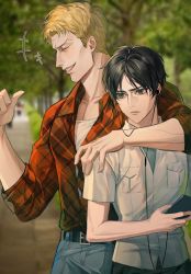 Rule 34 | +++, 2boys, absurdres, alternate costume, arm around neck, belt, belt buckle, black belt, black hair, blonde hair, blurry, blurry background, buckle, casual, cellphone, chinese commentary, collarbone, collared shirt, commentary request, cowboy shot, day, earbuds, earphones, eren yeager, closed eyes, flannel, from side, frown, green eyes, grey pants, grin, hand on another&#039;s shoulder, hand up, highres, holding, holding phone, kazami 1869, male focus, multiple boys, orange shirt, outdoors, pants, phone, plaid, plaid shirt, pocket, pointing, pointing at self, reiner braun, road, shingeki no kyojin, shirt, short hair, short sleeves, smartphone, smile, standing, toned, toned male, tree, white shirt