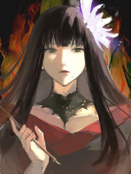 Rule 34 | 1girl, abstract background, black collar, black hair, black kimono, blunt bangs, collar, expressionless, final fantasy, final fantasy xiv, fire, flower, glowing flower, green eyes, hair flower, hair ornament, hair stick, hand up, highres, holding, holding smoking pipe, hyur, japanese clothes, kimono, kiseru, long hair, looking at viewer, mole, mole under mouth, no lineart, painterly, pale skin, portrait, red lips, red trim, second (byou), sketch, smoking pipe, solo, straight-on, straight hair, yotsuyu goe brutus