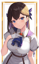 Rule 34 | 1girl, ascot, blue ascot, blue eyes, blue ribbon, braid, breasts, brown hair, btraphen, collared dress, dress, gloves, hair ribbon, half gloves, hand on own chest, hand up, head tilt, highres, long hair, looking at viewer, medium breasts, mole, mole on arm, multicolored hair, original, parted lips, puffy short sleeves, puffy sleeves, purple hair, ribbon, short sleeves, solo, two-tone hair, white background, white dress, white gloves