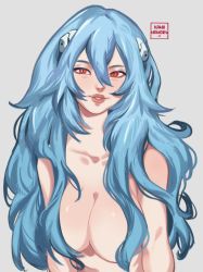 Rule 34 | 1girl, ayanami rei, blue hair, collarbone, completely nude, convenient censoring, evangelion: 3.0+1.0 thrice upon a time, grey background, hair between eyes, hair over breasts, half-closed eyes, highres, kamii momoru, light blue hair, light smile, messy hair, neon genesis evangelion, nude, parted lips, rebuild of evangelion, red eyes, signature, simple background, smile, solo, upper body
