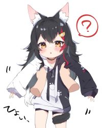 Rule 34 | 1girl, ?, aged down, animal ear fluff, animal ears, black choker, black hair, black hoodie, blush, brown eyes, carrying, choker, disembodied hand, hair ornament, hairclip, highres, hololive, hood, hoodie, long hair, long sleeves, looking at viewer, multicolored hair, nakami (lhyqc), ookami mio, ookami mio (casual), parted lips, red hair, solo focus, spoken question mark, streaked hair, tail, triangle mouth, two-tone hoodie, very long hair, virtual youtuber, white hair, white hoodie, wolf ears, wolf girl, wolf tail
