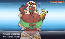 Rule 34 | 1girl, amber (carmessi), breasts, carmessi, character name, cleavage cutout, clothing cutout, creatures (company), curvy, dark-skinned female, dark skin, earrings, fake screenshot, fingernails, game freak, gen 1 pokemon, heart cutout, hoop earrings, huge breasts, jewelry, lipstick, long hair, lowleg, lowleg pants, makeup, mature female, navel, nintendo, no bra, one eye closed, orange eyes, pants, parted lips, pikachu, plump, pokemon, pokemon xy, revealing clothes, shiny skin, simple background, smile, solo, source request, standing, sunglasses on head, thick thighs, thighs, very long hair, wide hips, wink