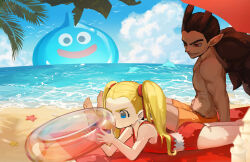 Rule 34 | 1boy, 1girl, absurdres, beach, bikini, bird, black hair, blonde hair, blue eyes, cloud, dolphin, dragon quest, dragon quest builders 2, earrings, female builder (dqb2), grin, hair ribbon, highres, holding, holding swim ring, innertube, jewelry, long hair, looking at another, lying, male swimwear, muscular, muscular male, on stomach, orange male swimwear, orange swim trunks, palm tree, pointy ears, ponytail, red bikini, red eyes, red ribbon, ribbon, ried0221, sand castle, sand sculpture, seashell, see-through, shell, sidoh (dqb2), sitting, sky, slime (dragon quest), smile, starfish, swim ring, swim trunks, swimsuit, tankini, tree, water