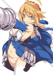 Rule 34 | 1girl, adapted costume, armor, artoria pendragon (all), artoria pendragon (fate), bare shoulders, blonde hair, breasts, cleavage, detached sleeves, dress, fate/zero, fate (series), faulds, garter straps, gauntlets, green eyes, hair ribbon, highres, navel, panties, por (downletgo), ribbon, saber (fate), solo, sword, thighhighs, underwear, weapon, white panties, white thighhighs