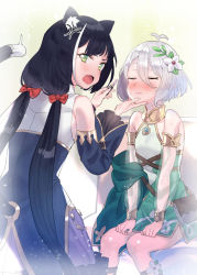 Rule 34 | 2girls, anger vein, animal ear fluff, animal ears, back, bare shoulders, black hair, blush, breasts, cat ears, cat tail, closed eyes, cosmetics, detached sleeves, flower, green eyes, hair flower, hair ornament, karyl (princess connect!), kokkoro (princess connect!), lipstick tube, long hair, looking at viewer, low twintails, multiple girls, pointy ears, princess connect!, sitting, small breasts, subachi, sweat, tail, twintails, very long hair, white hair